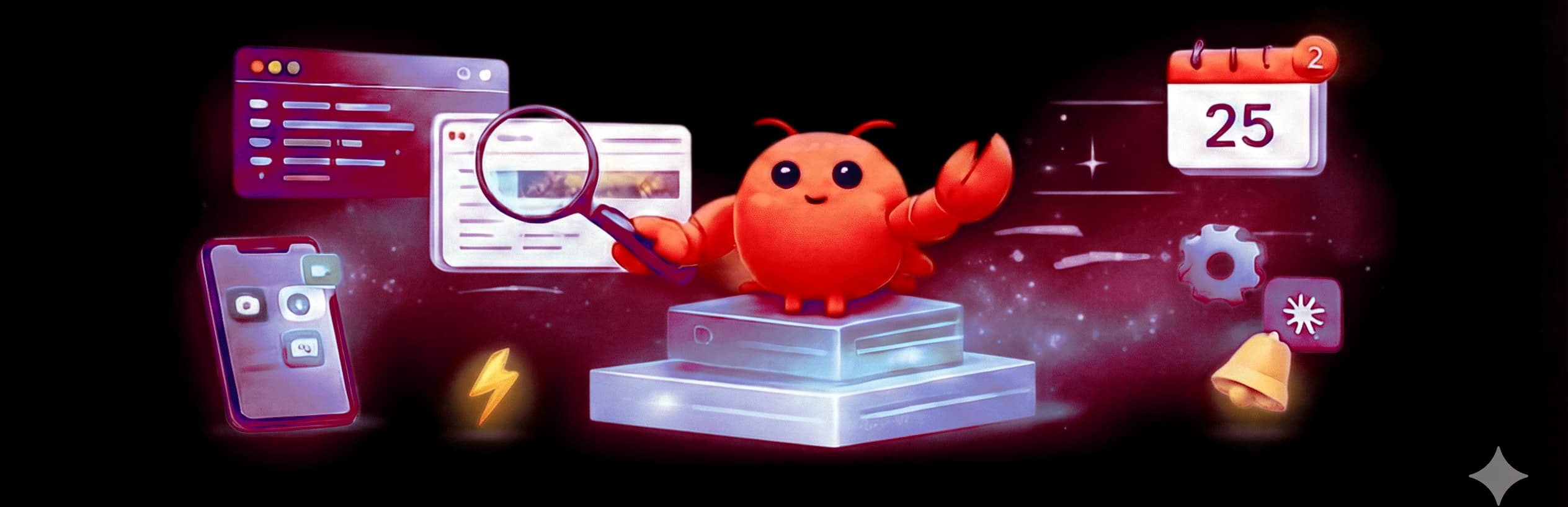 LobsterHelper mascot — a cute red lobster on a glowing platform surrounded by floating code editors, browser windows, phone apps, calendar, gears, and a magnifying glass
