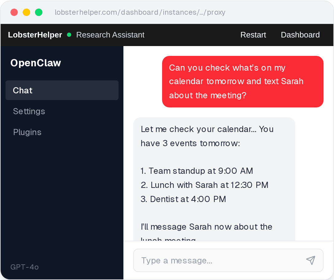 LobsterHelper chat interface showing a conversation with an AI assistant about calendar and messaging